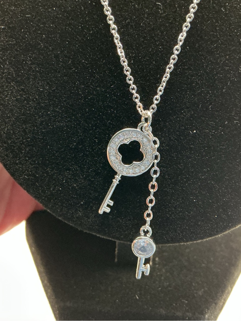 Silver Tone Key & Clover Pendant Necklace CZ Drop Charm